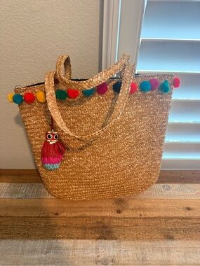 Straw Tote Bag with Colorful Pom Pom Trim